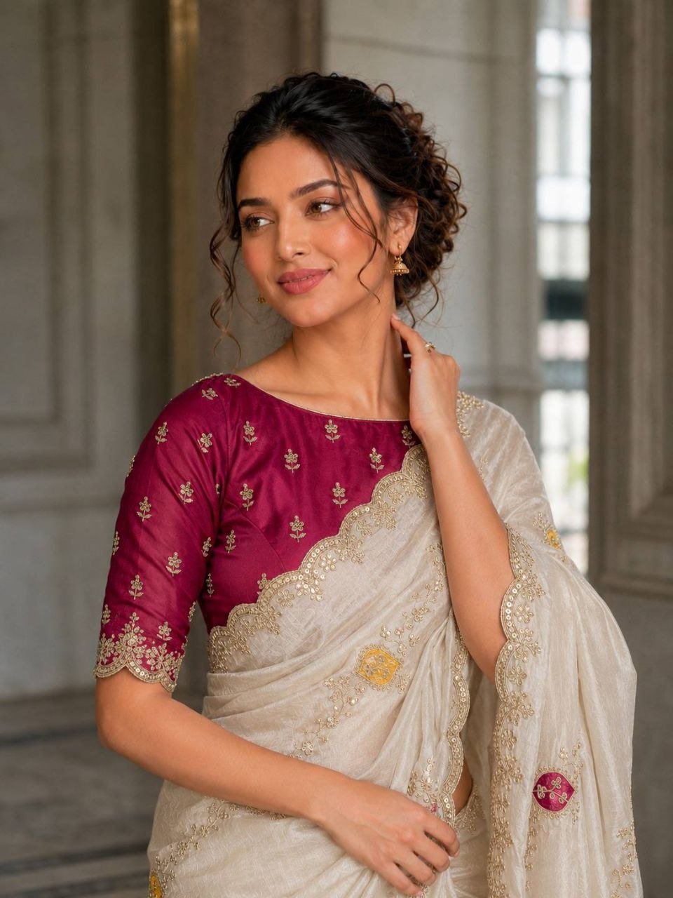 Scalloped Embroidered Tissue Silk Saree with Contrasting Blouse Unveiling Timeless Splendor