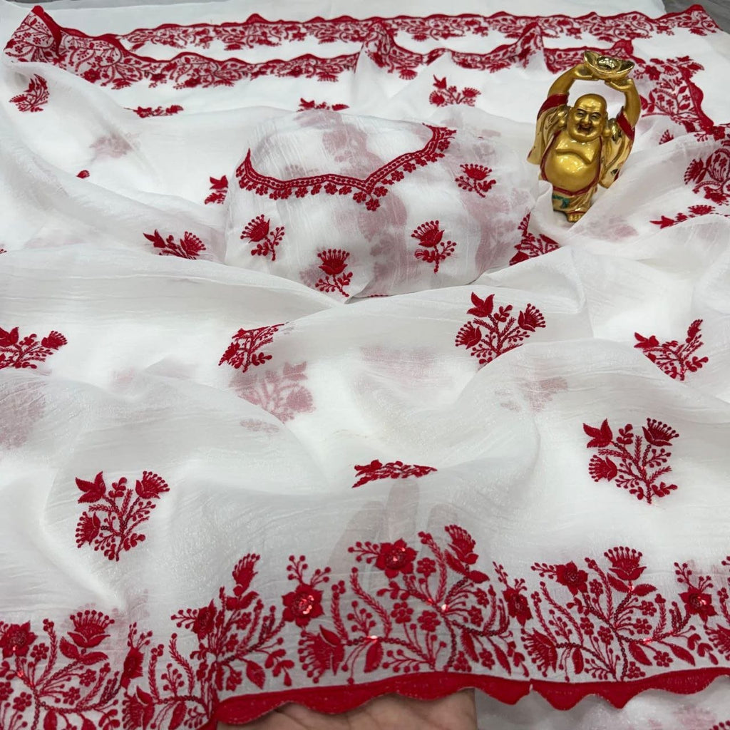 Festive Floral Embroidered Saree with Traditional Artisanal Detailing