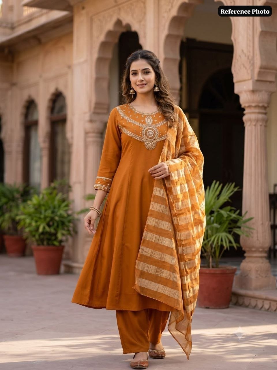 Hand-Embellished Anarkali Suit Set with Striped Dupatta