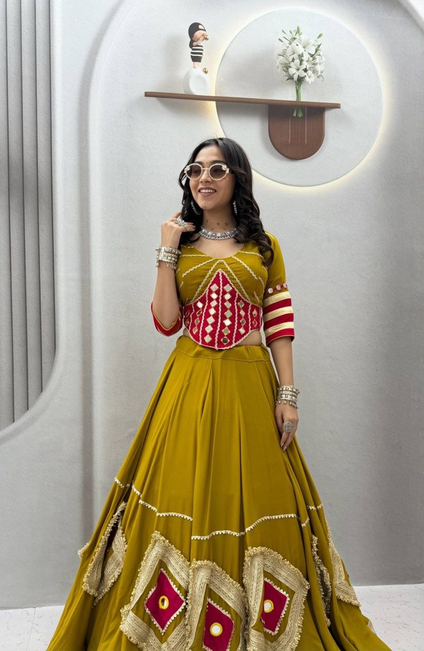 Mirror Work Patchwork Flare Flared Lehenga Choli with Embroidered Blouse