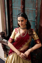 Traditional Zari Woven Silk Half Saree Set with Scalloped Embroidered Dupatta