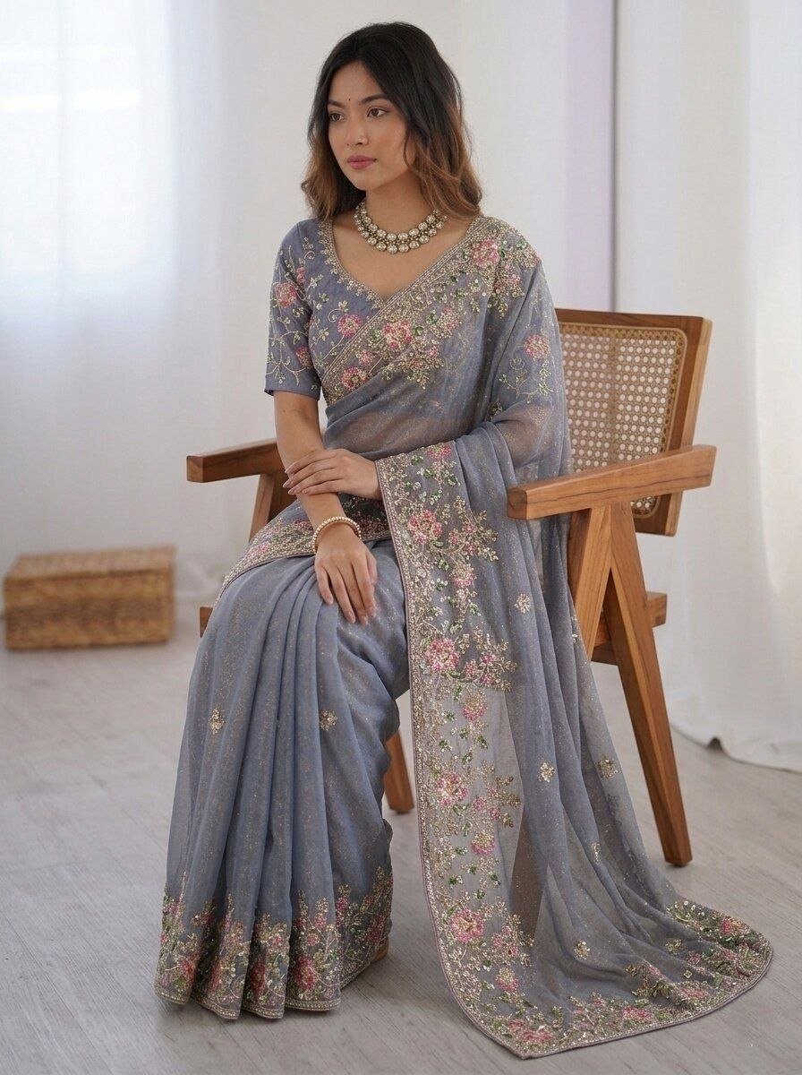 Exquisite Floral Embroidered Draped Saree with Regal Charm