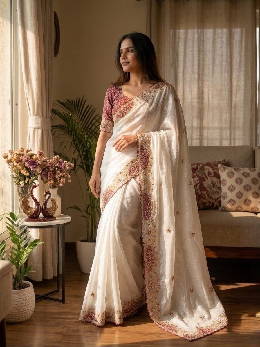 Cutwork Embroidered Organza Saree with Printed Blouse Exuding Subtle Grace