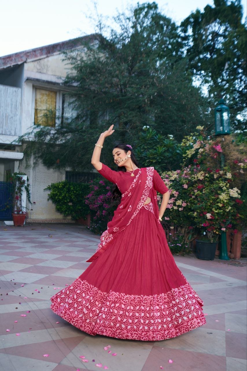 Dance Through Every Celebration in Timeless Crimson Bandhani Lehenga