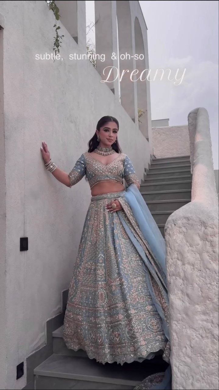Sequined Heavy Embroidered Bridal Lehenga Set with Sheer Dupatta