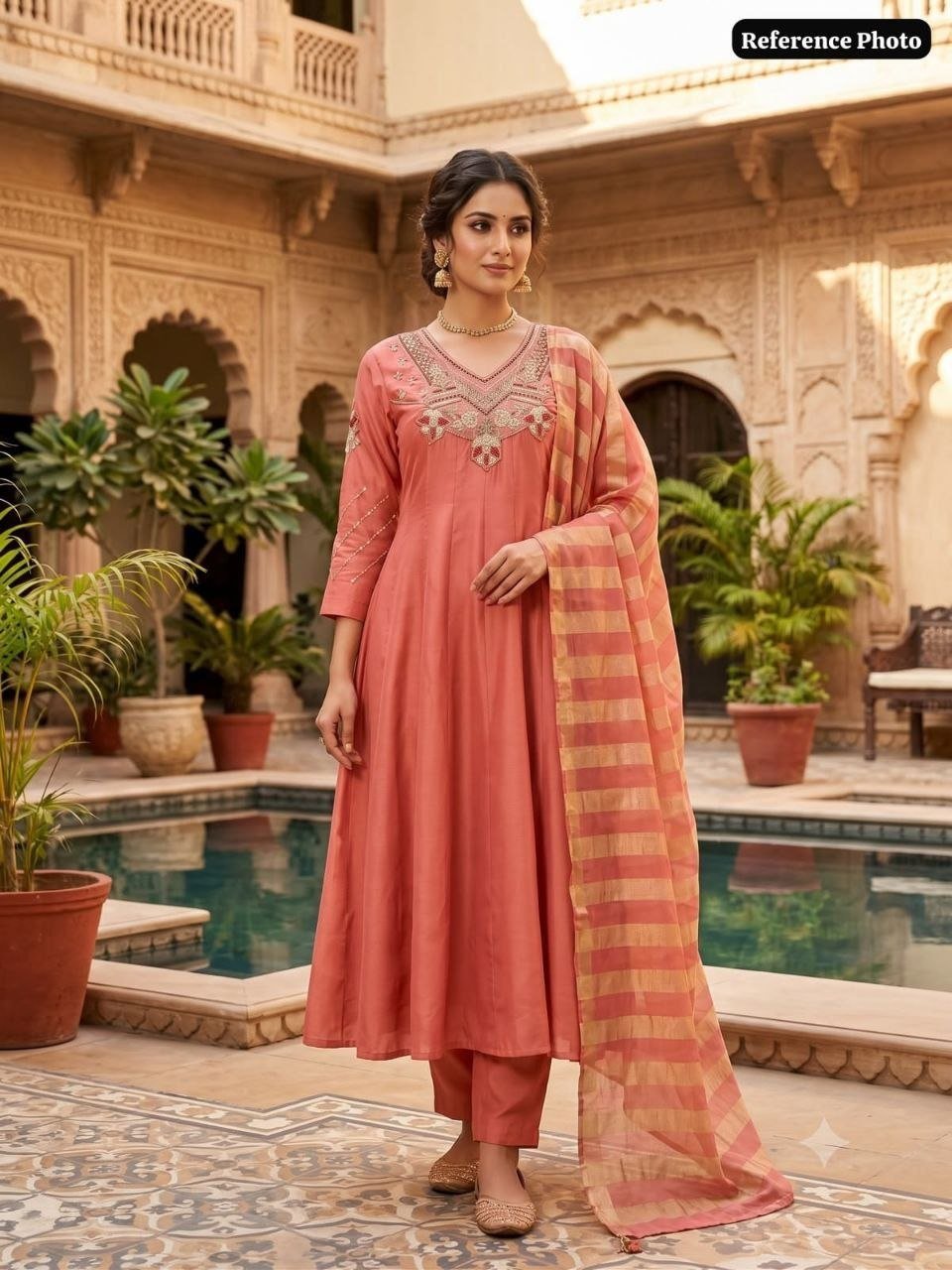 Embroidered Anarkali Kurta Set with Zari Striped Dupatta