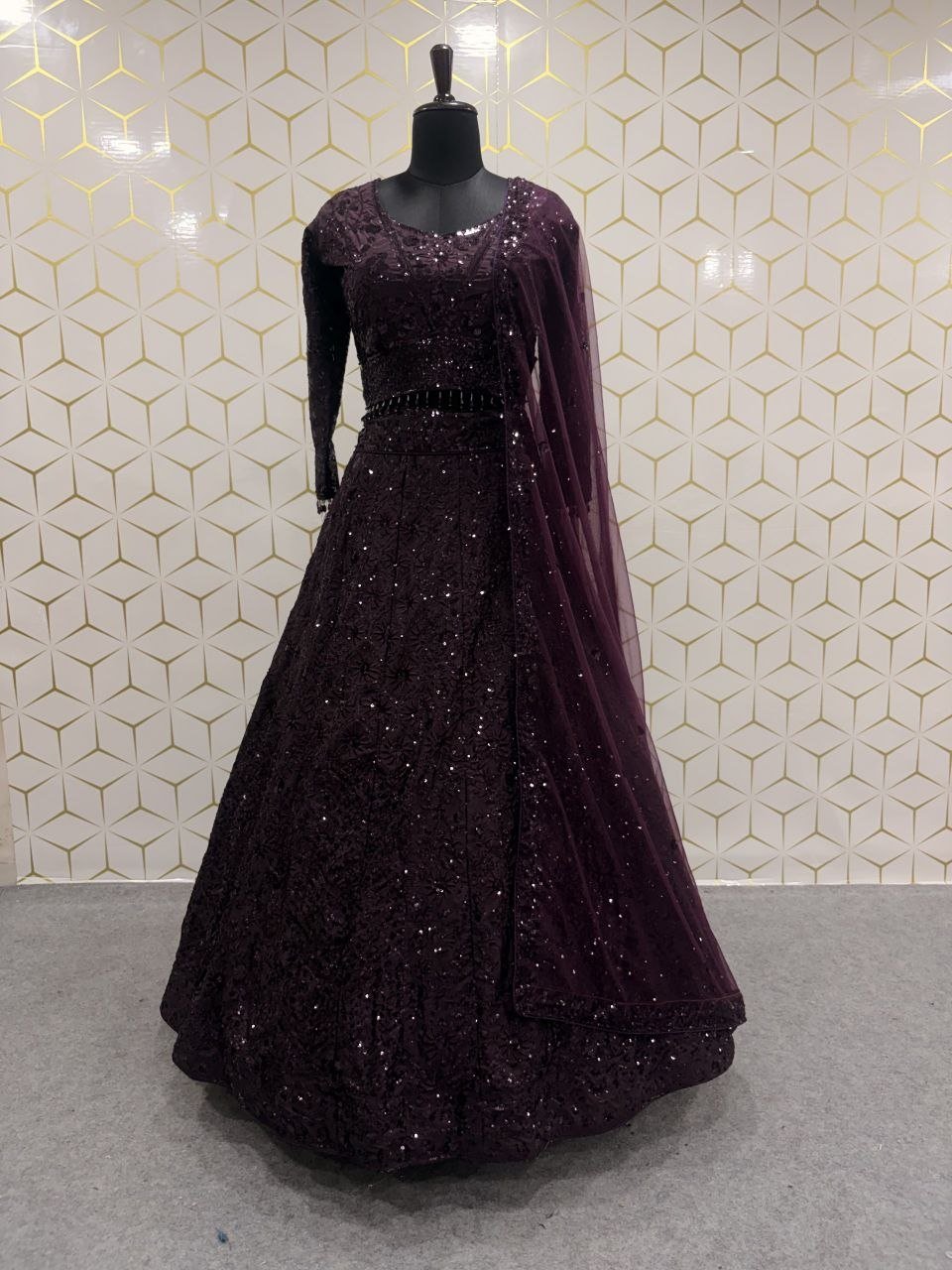 Thread Embroidered Georgette Lehenga Set with Tasseled Blouse