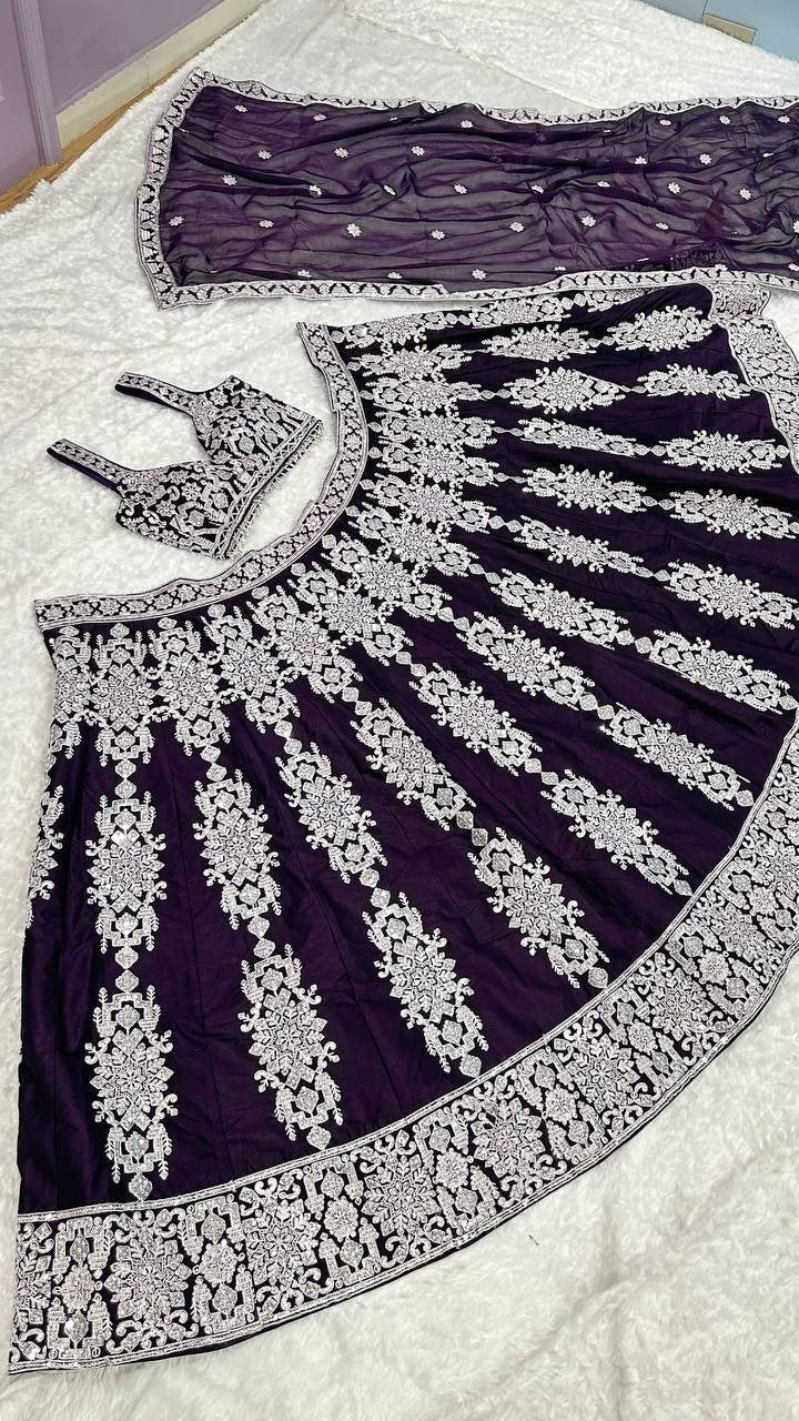 Contrast Thread Embroidered Georgette Lehenga Set with Sleeveless Blouse - Surat Wholesale Ethnic Wear (Photo 3)