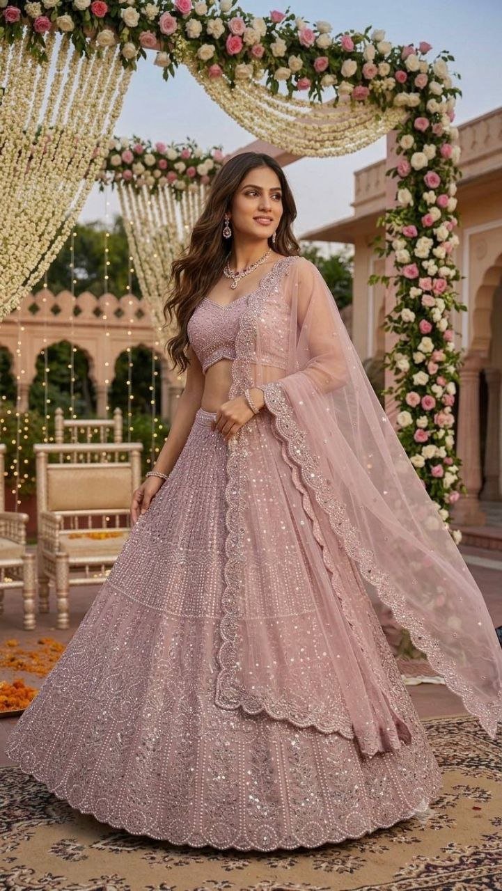 Sequined Thread Work Georgette Lehenga Set with Scalloped Net Dupatta