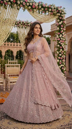 Sequined Thread Work Georgette Lehenga Set with Scalloped Net Dupatta
