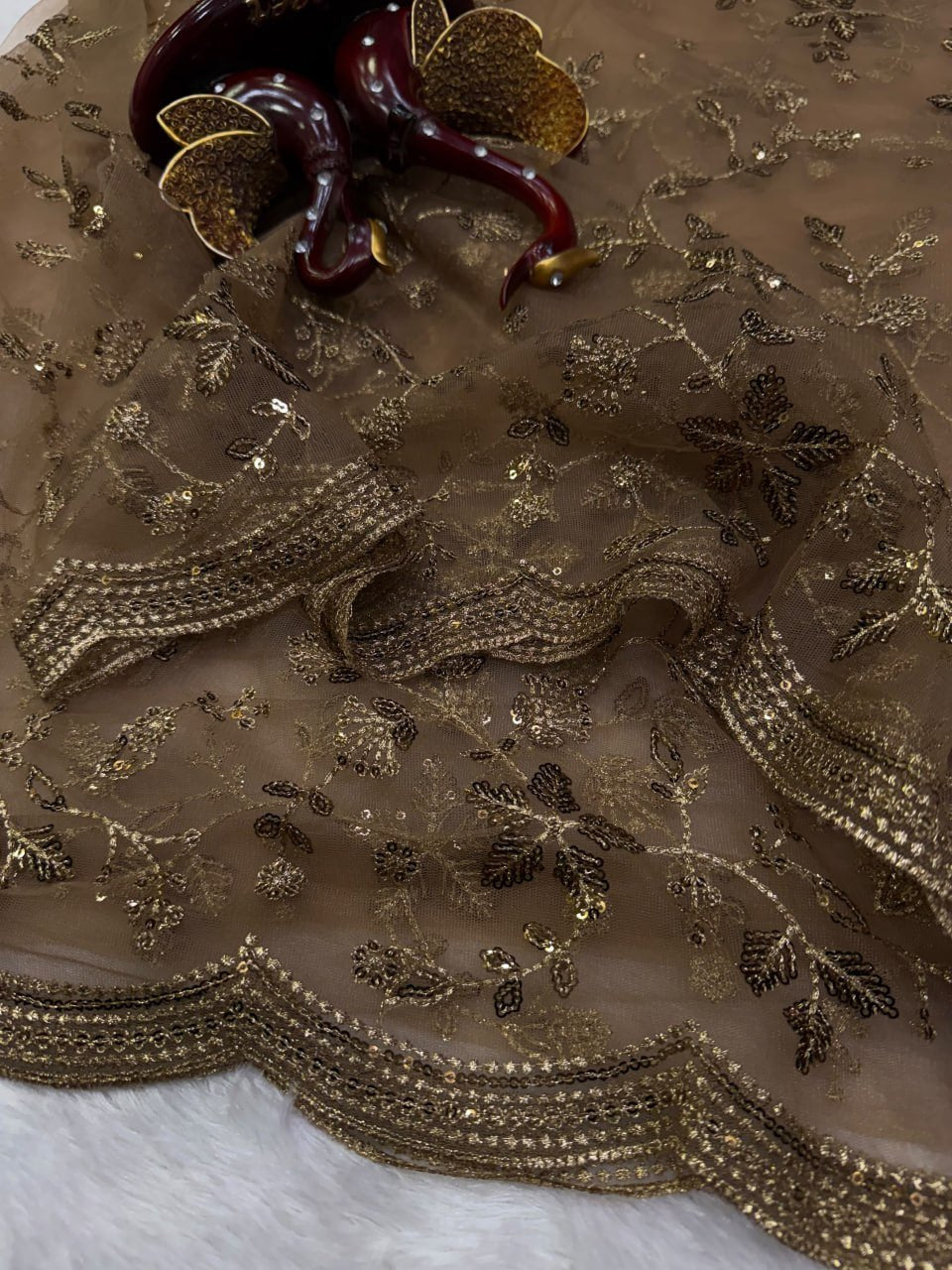 Opulent Floral Embroidered Net Saree with Scalloped Border and Matching Blouse