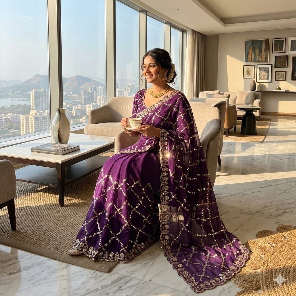 Timeless Diamond Lattice Saree with Intricate Embellished Border