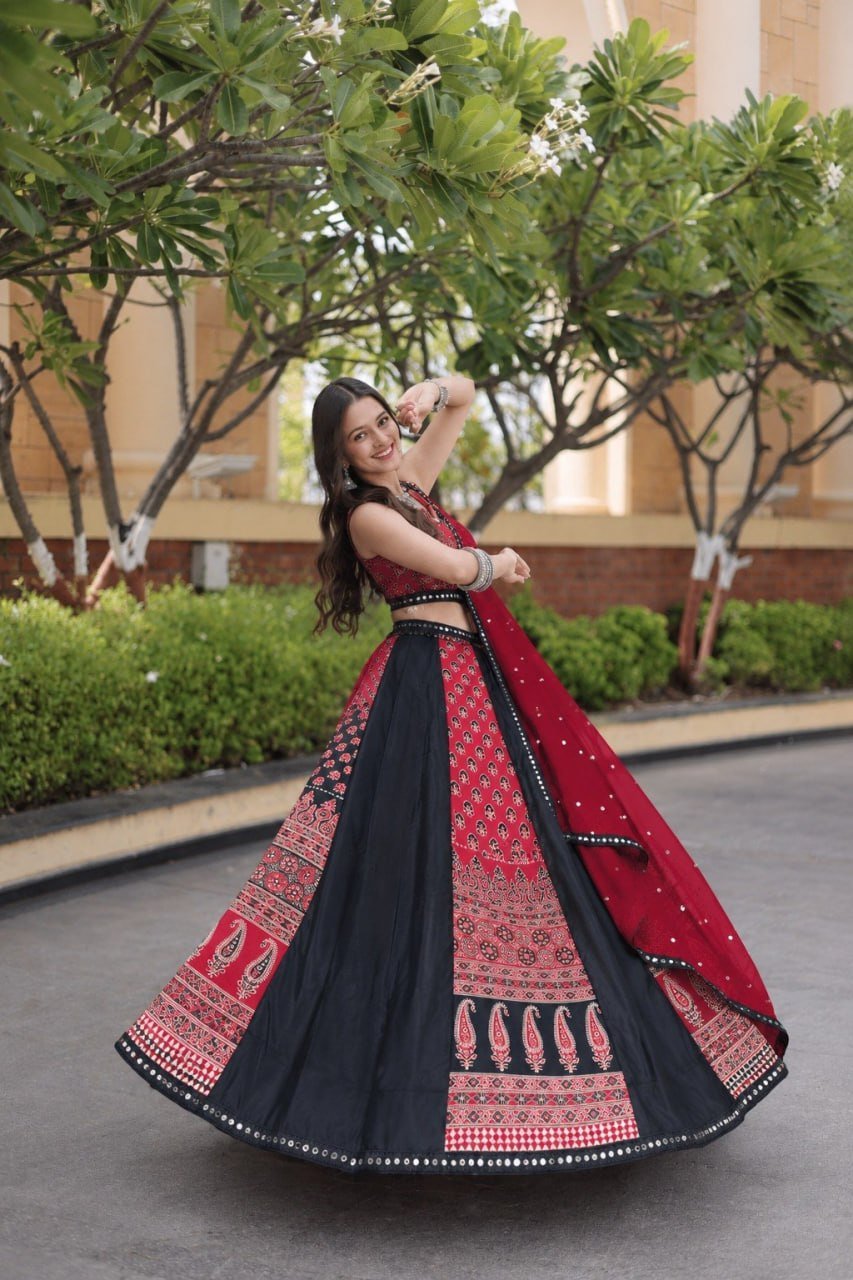 Ornate Printed Panel Flared Lehenga Choli with Mirror Work Border