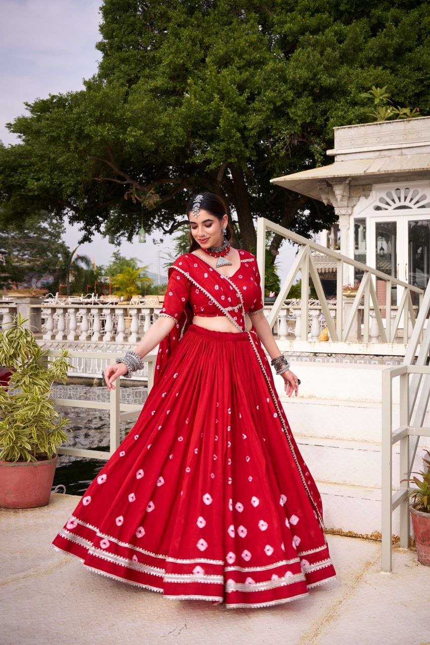 Traditional Bandhani Print Flared Lehenga Choli with Lace Border Dupatta