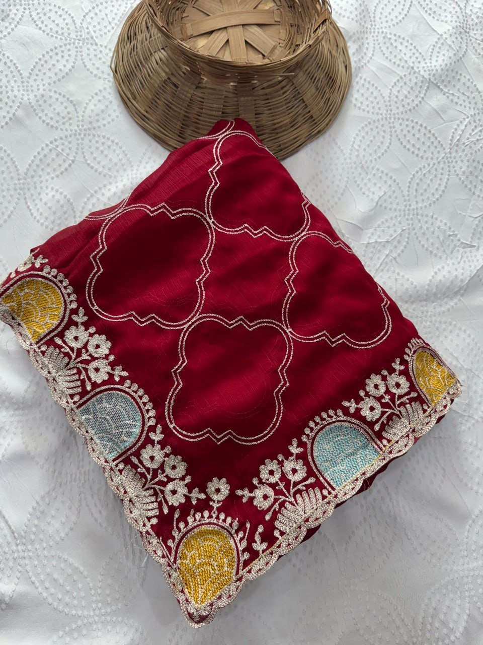 Royal Heritage Geometric Embroidered Saree with Multicolour Zari Border and Intricate Designer Blouse