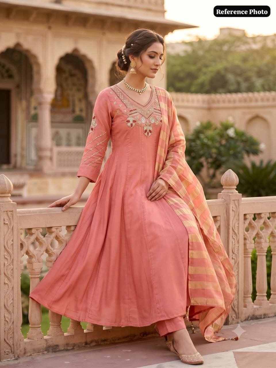 Embroidered Anarkali Kurta Set with Zari Striped Dupatta