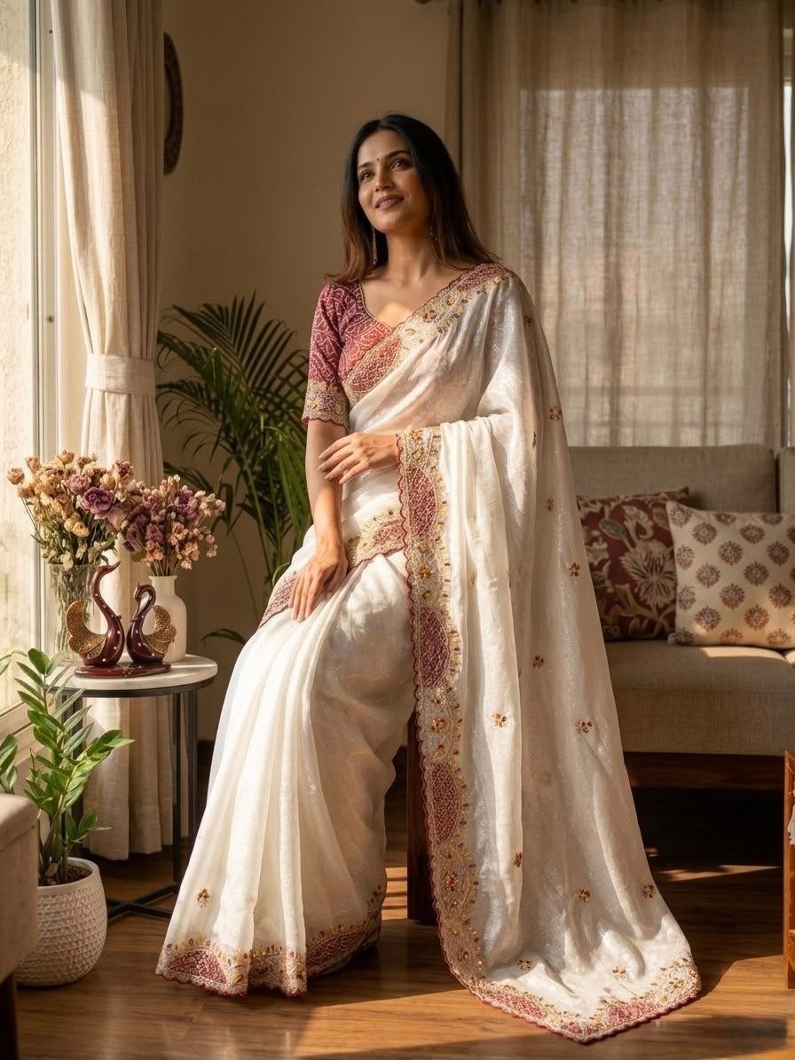 Cutwork Embroidered Organza Saree with Printed Blouse Exuding Subtle Grace