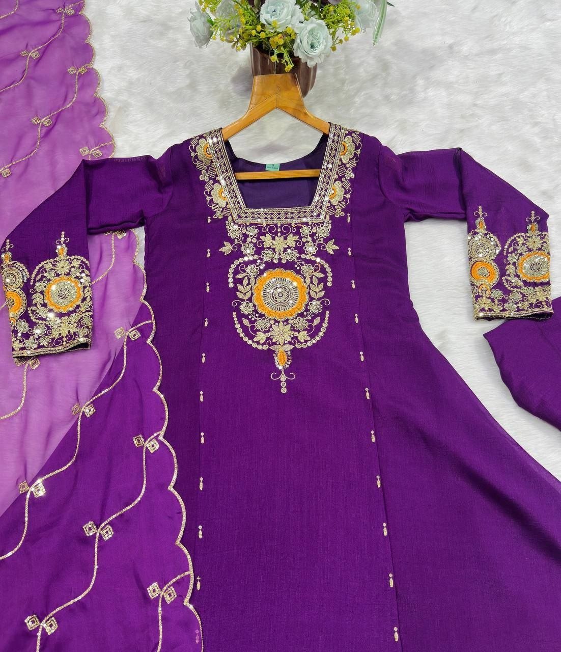 Embroidered Anarkali Suit Set With Matching Organza Dupatta