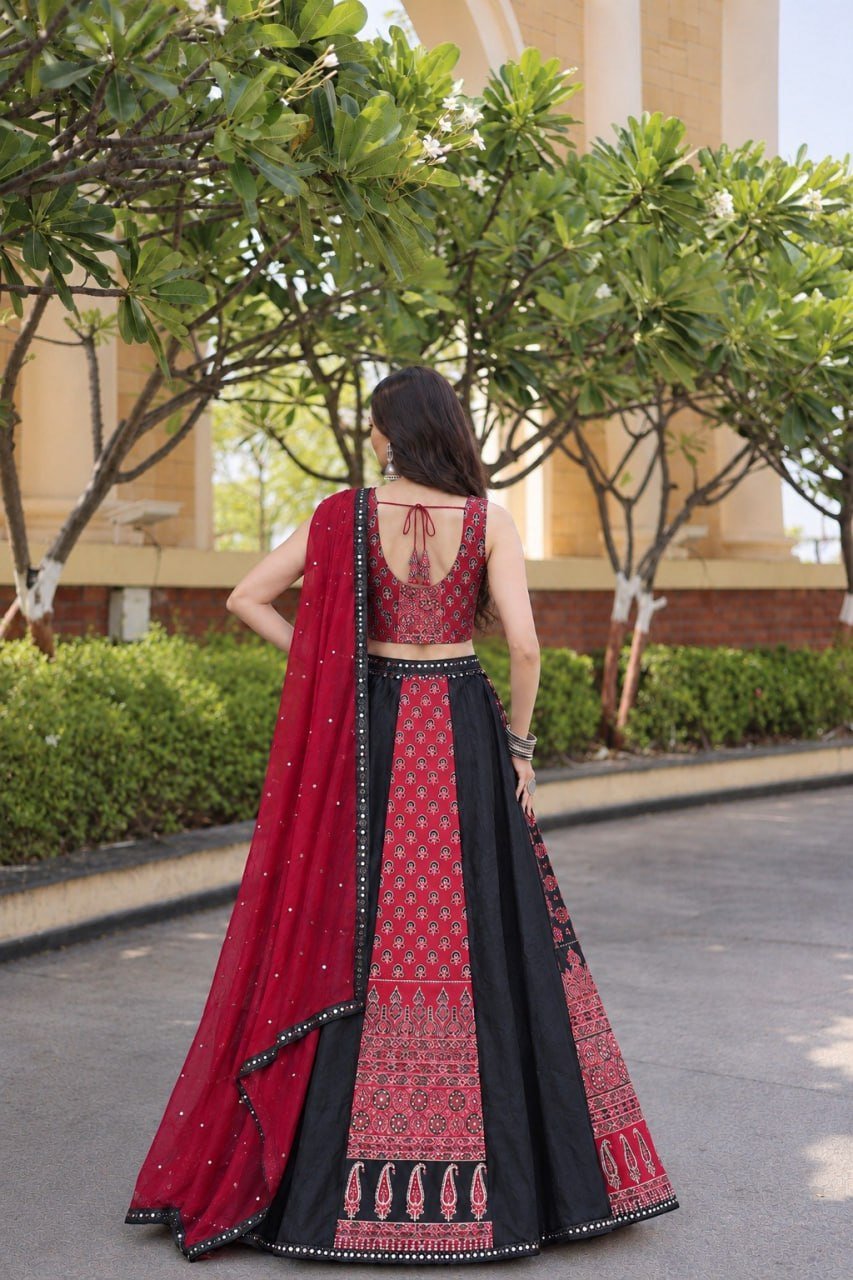 Ornate Printed Panel Flared Lehenga Choli with Mirror Work Border