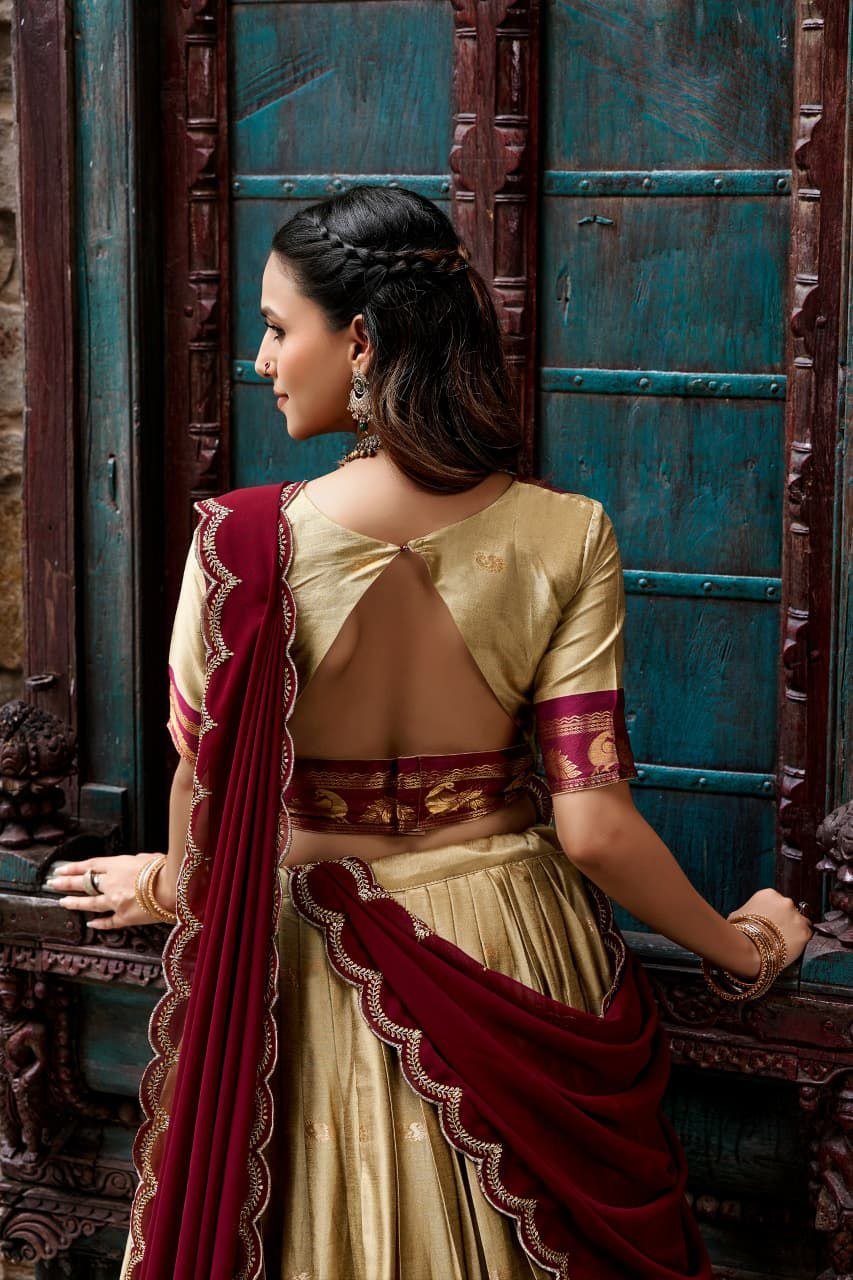 Traditional Zari Woven Silk Half Saree Set with Scalloped Embroidered Dupatta