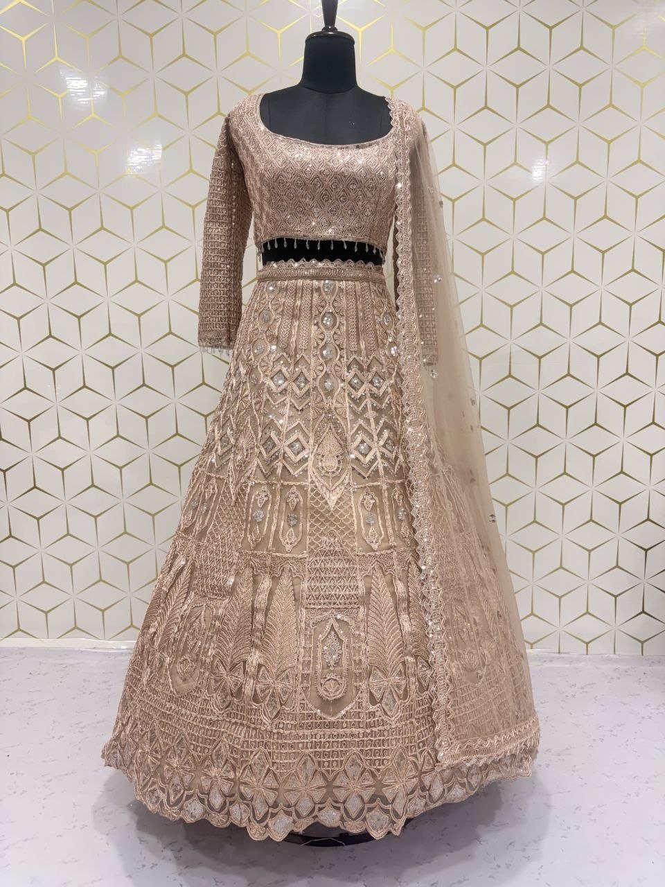 Intricate Chikankari Sequined Net Lehenga Set with Embellished Belt - Surat Wholesale Ethnic Wear (Photo 4)