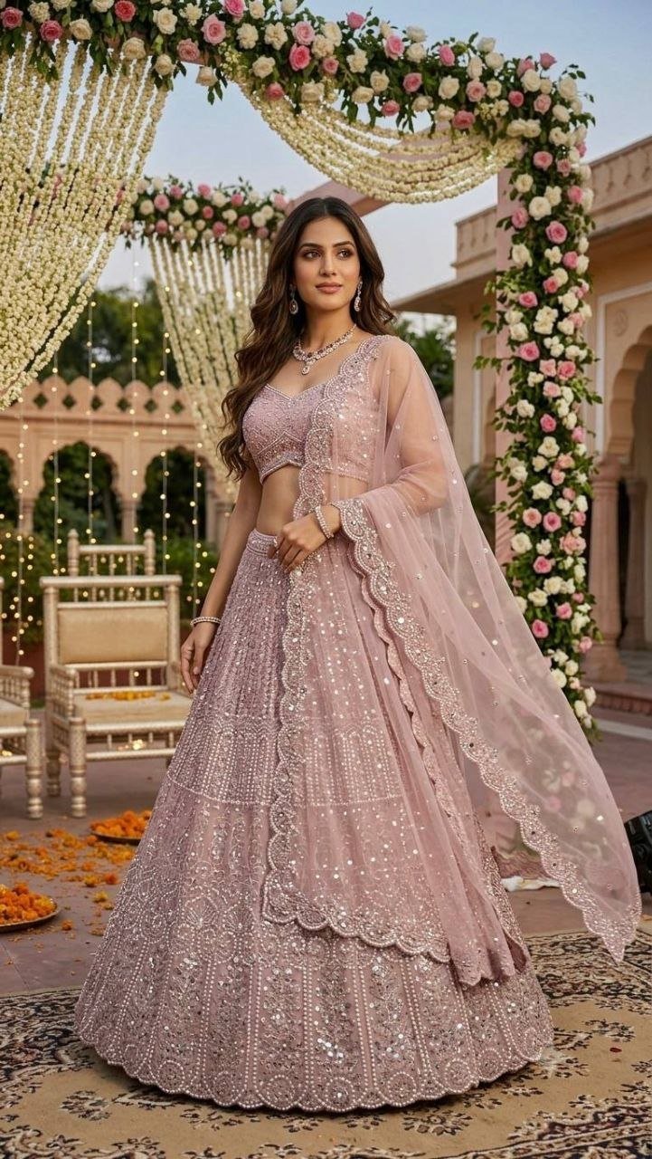 Sequined Thread Work Georgette Lehenga Set with Scalloped Net Dupatta