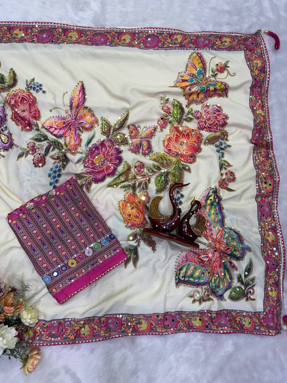 Embrace Garden Floral Romance in Intricately Embroidered Organza Saree