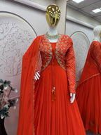 Festive Pleated Gown Ensemble with Embellished Jacket and Sheer Dupatta