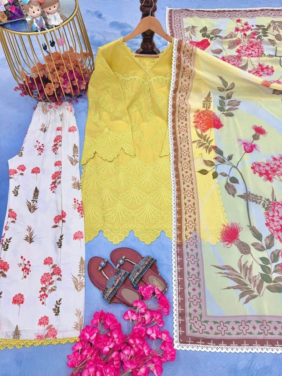 Sunlit & Vibrant Chikankari Cutwork Kurta with Printed Bottom