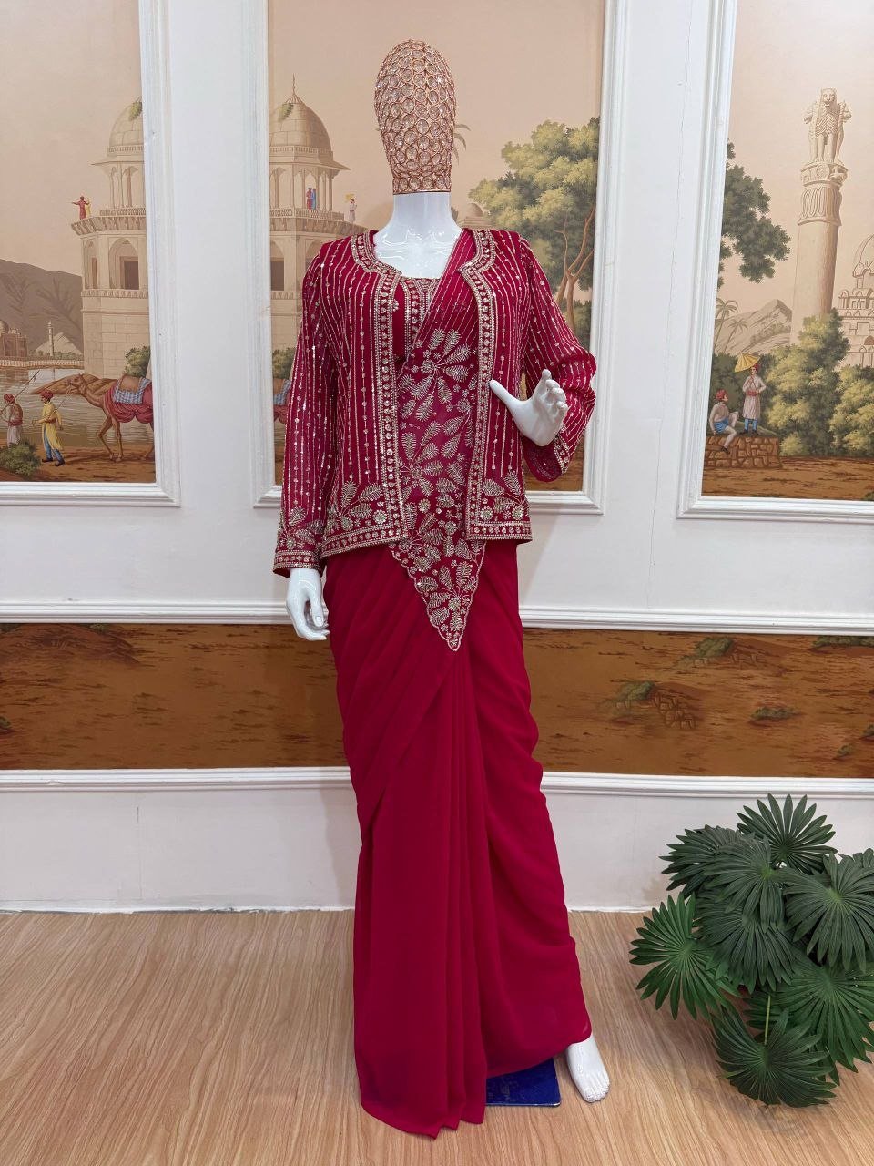 Sequined Heavy Work Jacket With Pre Stitched Draped Saree Set