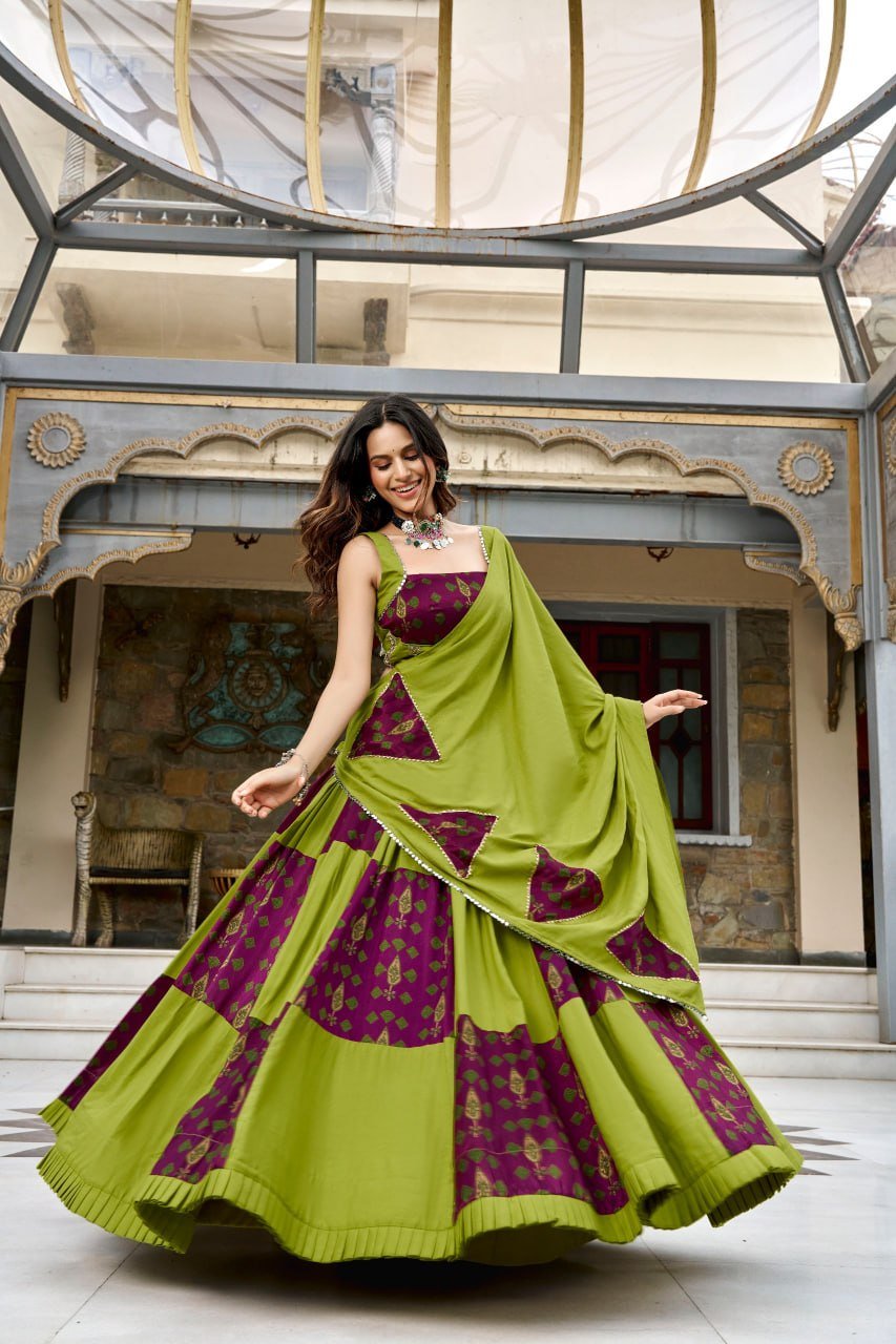 Printed Patchwork Flared Lehenga Choli Set With Pleated Hem