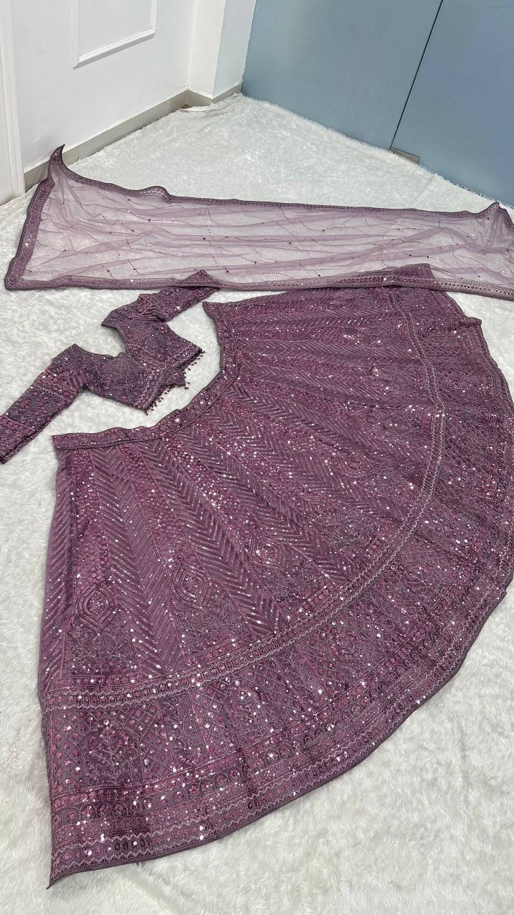 Sequined Chevron Patterned Lehenga Set with Long Net Shrug