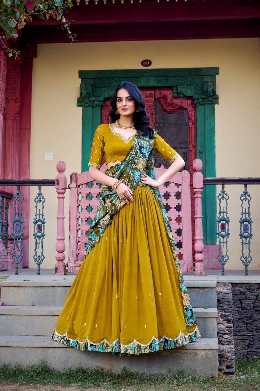 Traditional Kalamkari Print Border Silk Lehenga Set with Dupatta - Surat Wholesale Ethnic Wear (Photo 4)