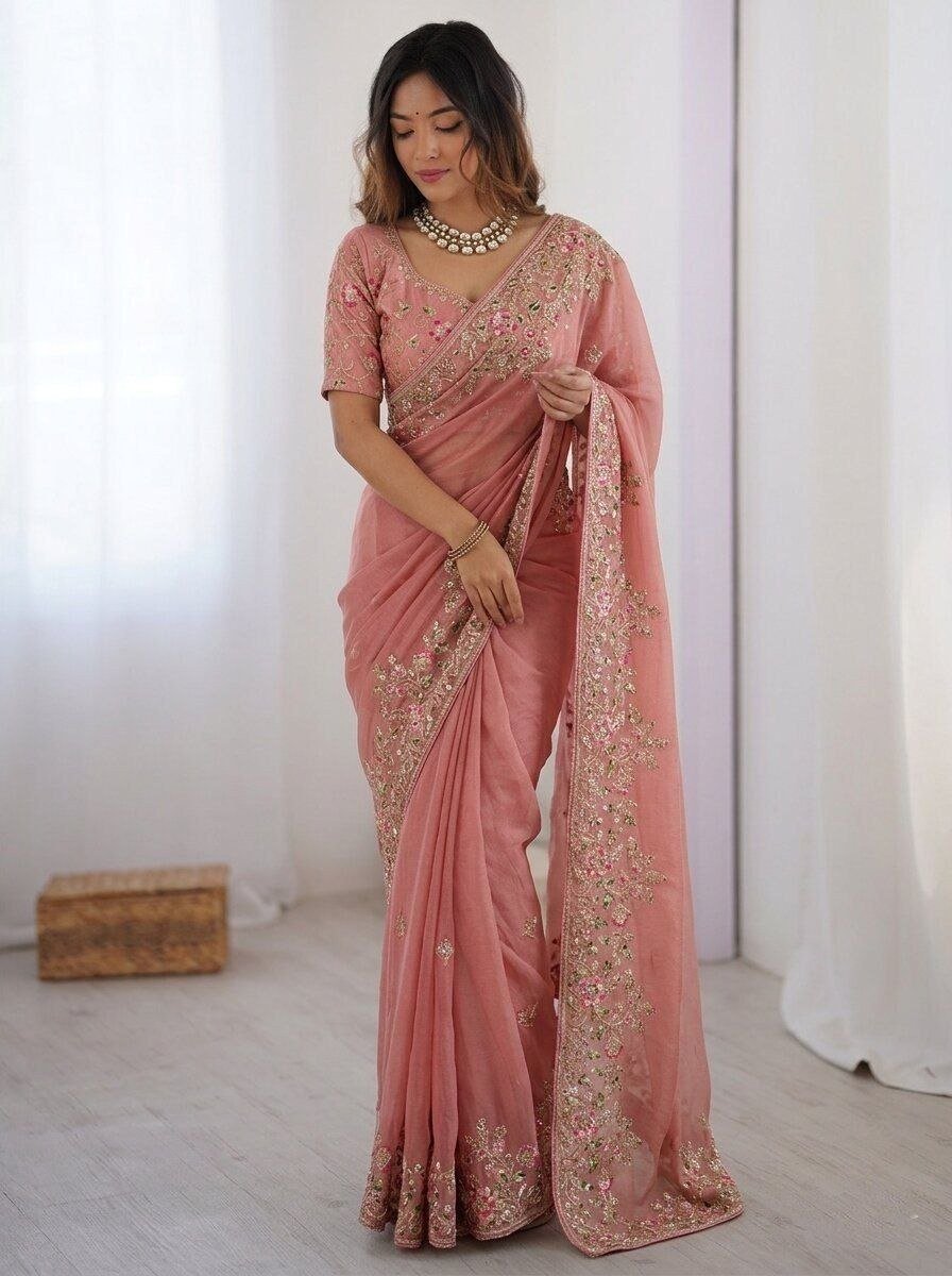 Exquisite Floral Embroidered Draped Saree with Regal Charm