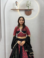 Printed Panel Flared Lehenga Choli with Lace Border Dupatta