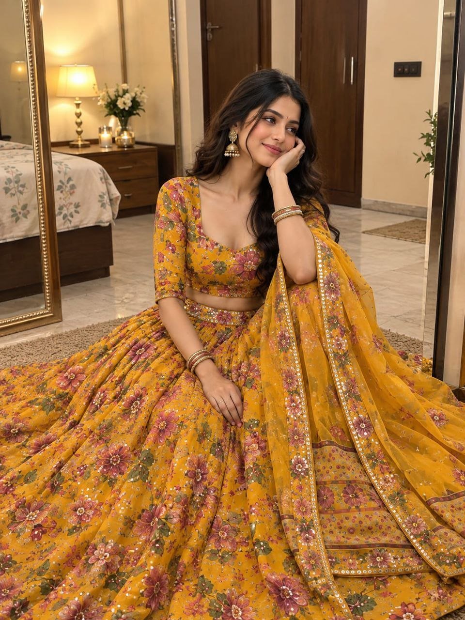 Floral Print Georgette Lehenga Set with Mirror Work Dupatta - Surat Wholesale Ethnic Wear (Photo 4)