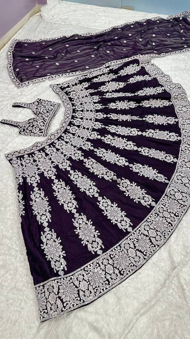 Contrast Thread Embroidered Georgette Lehenga Set with Sleeveless Blouse - Surat Wholesale Ethnic Wear (Photo 4)