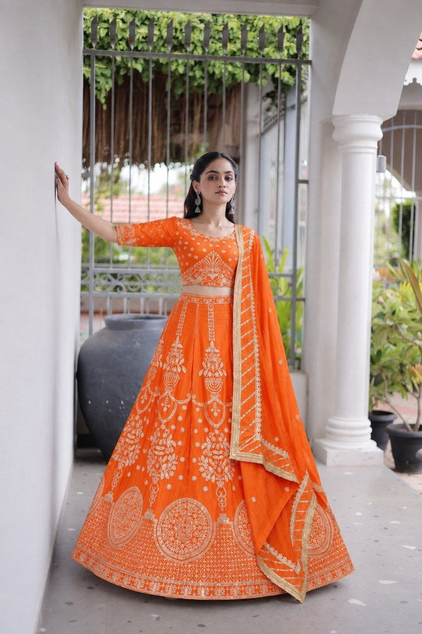 Traditional Thread Embroidered Silk Lehenga Set with Ornate Border