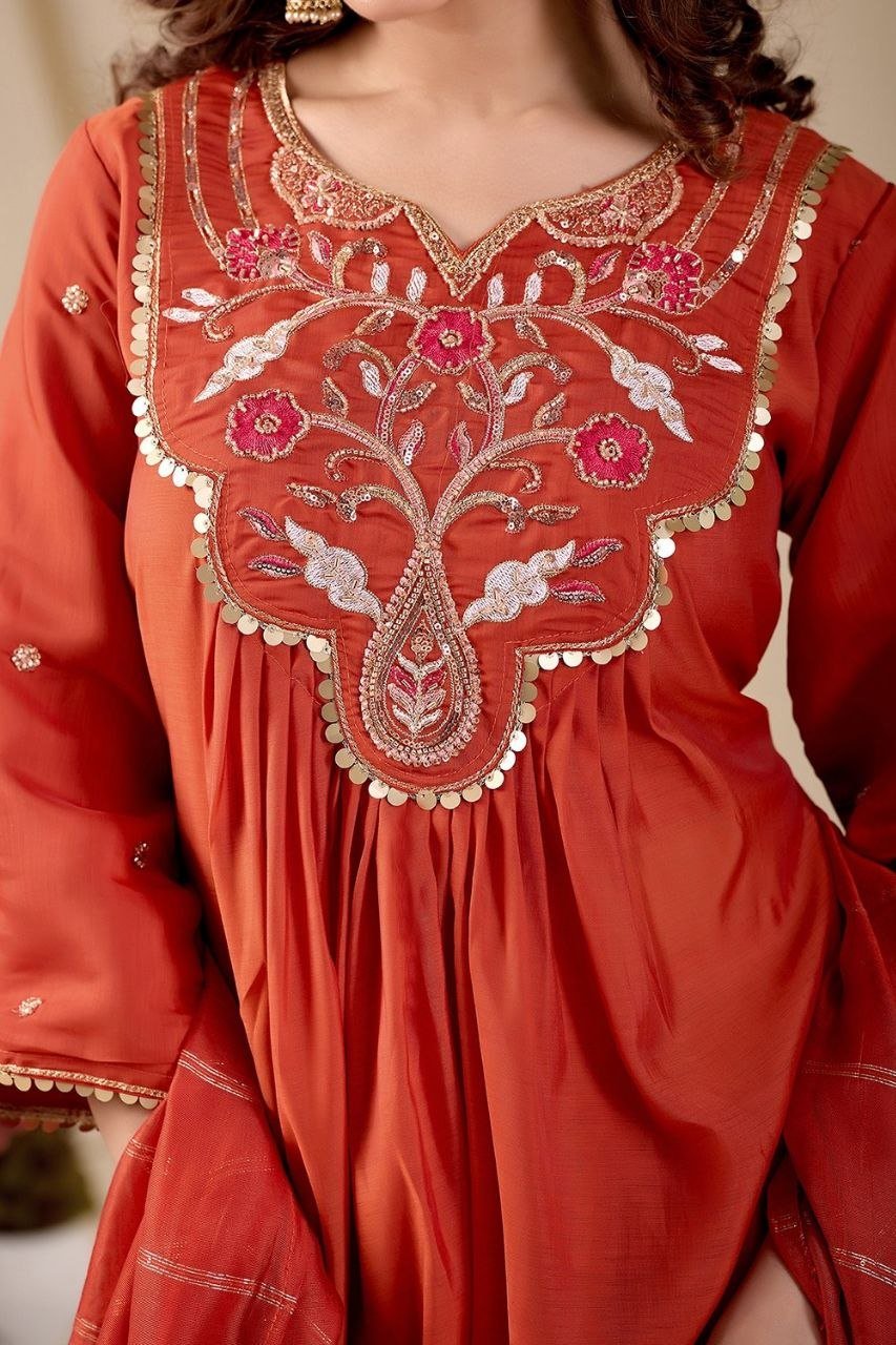 Intricate Embroidery Design on Solid Kurta Set with Striped Dupatta