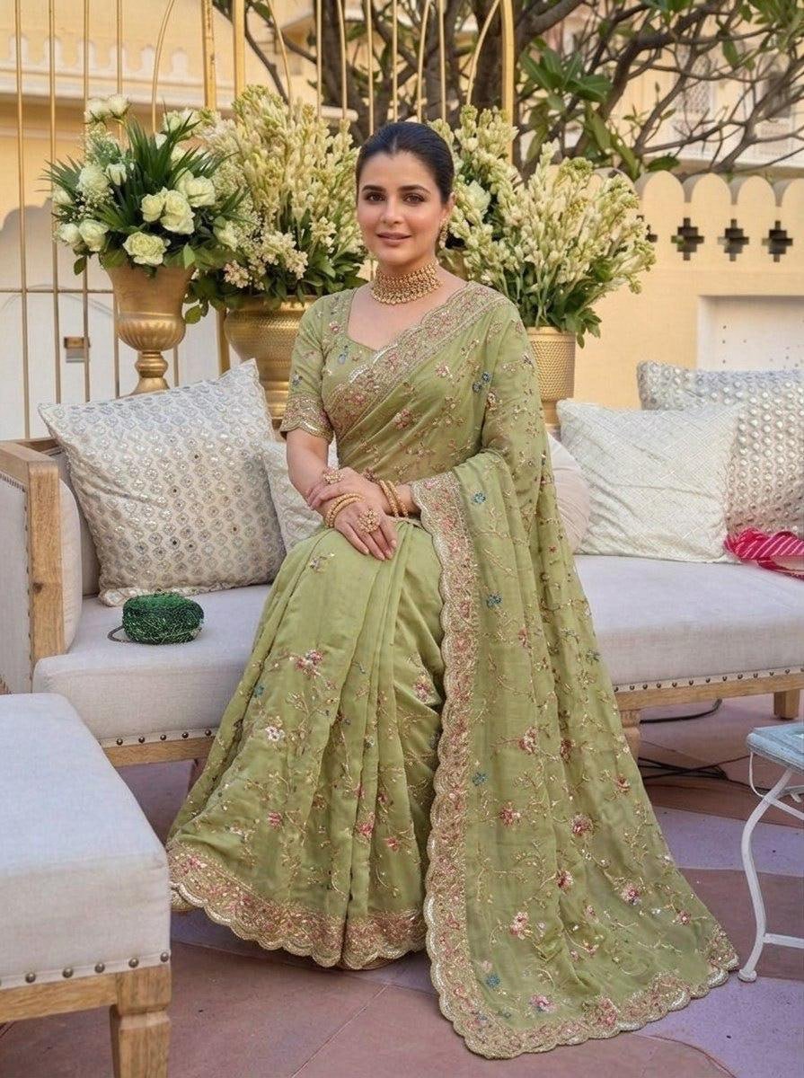 Royal Heritage Intricate Floral Embroidered Saree with Ornate Scalloped Border and Designer Neckline Blouse - Surat Wholesale Ethnic Wear (Photo 4)