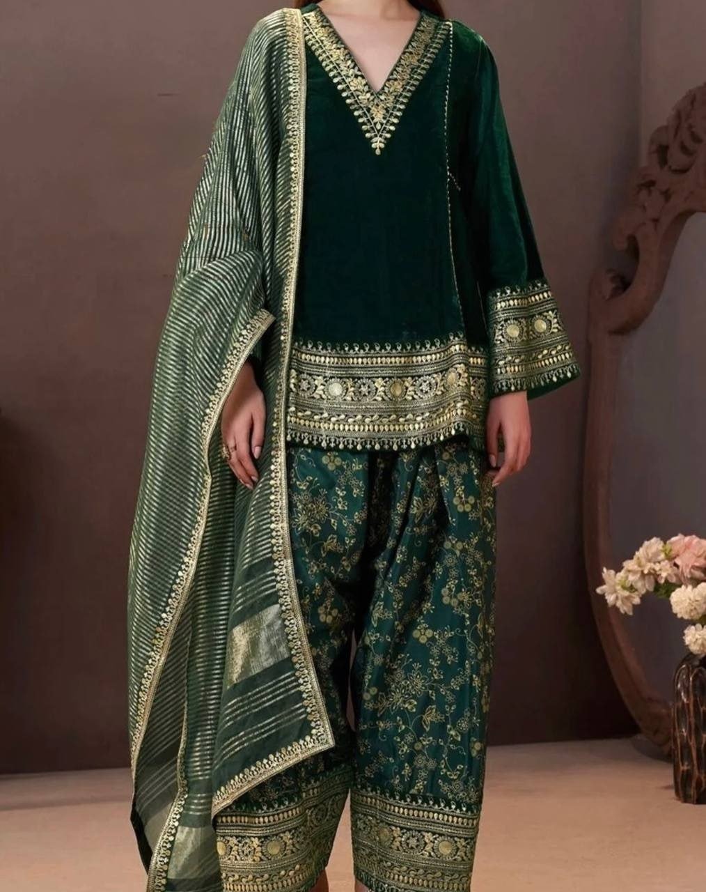 Velvet Heavily Embroidered Kurta With Salwar And Dupatta Set - Surat Wholesale Ethnic Wear (Photo 4)