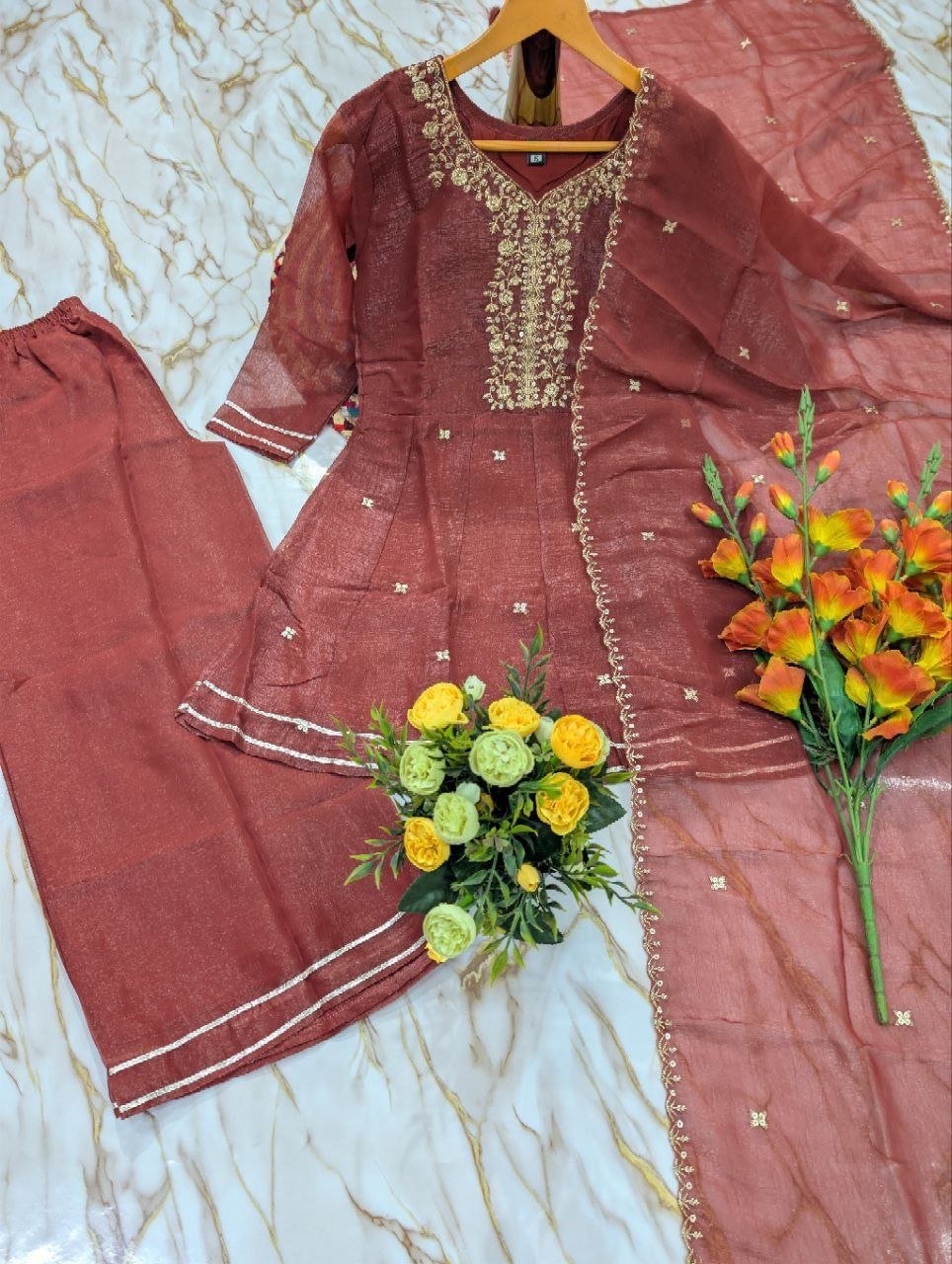 Embroidered Chanderi Kurta Set with Gota Patti Dupatta
