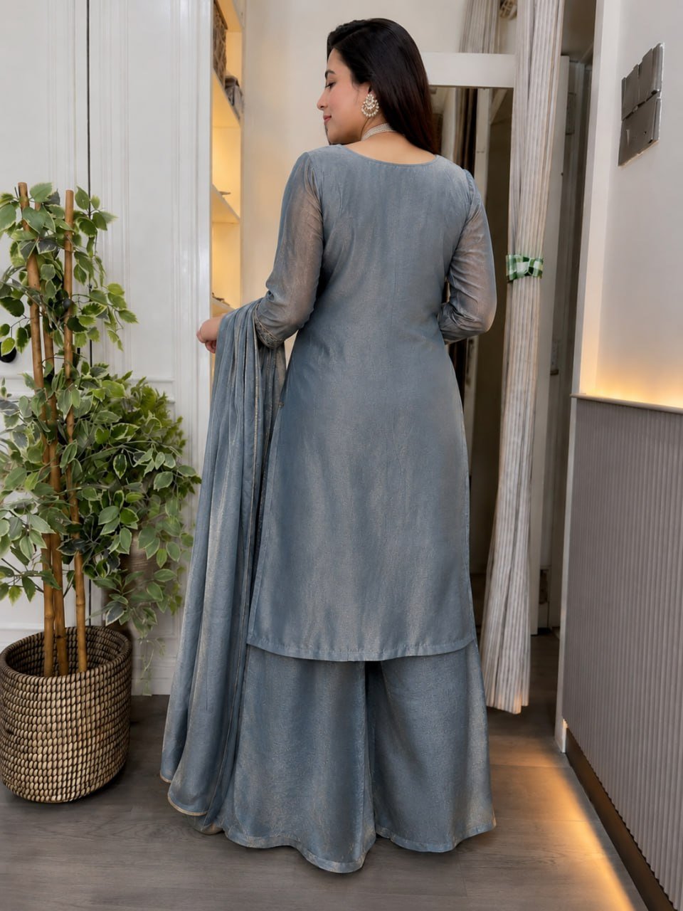 Artisanal Threadwork Embroidered Straight Kurta Sharara Set with Sheer Dupatta