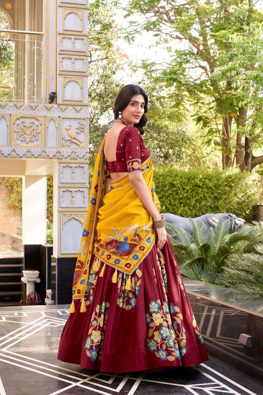 Hand Printed Kalamkari Silk Lehenga Set with Printed Dupatta