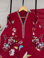 Embroidered Floral Straight Kurta Set with Chiffon Dupatta