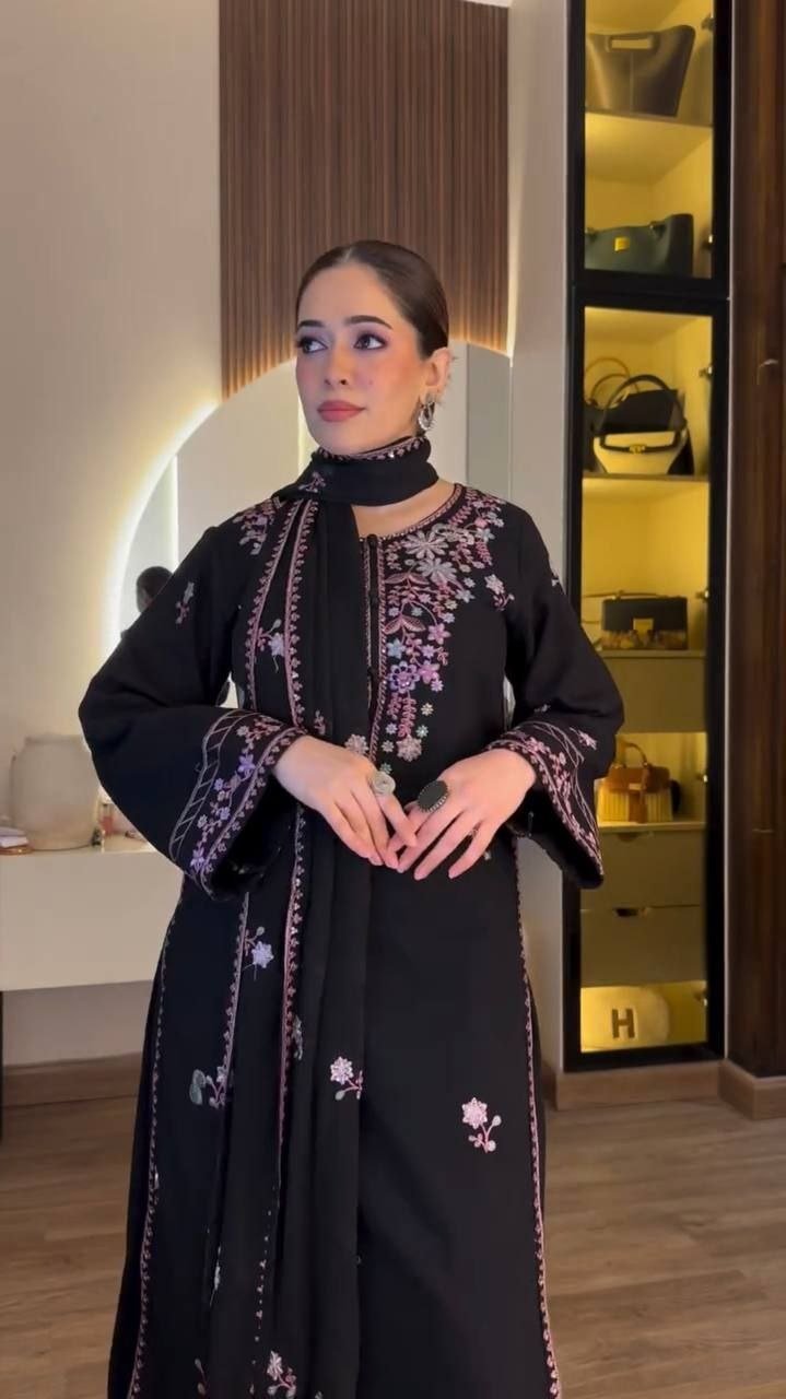 Midnight Radiance Embroidered Straight Kurta with Palazzo and Dupatta