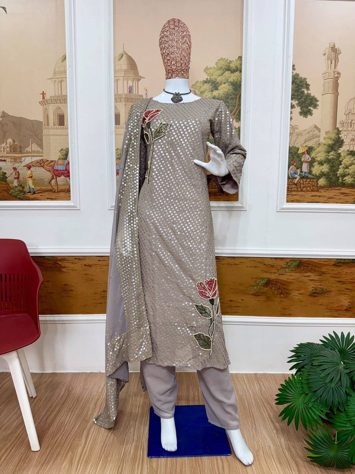 Royal Heritage Embroidered Anarkali Suit Ensemble With Intricate Floral Motifs and Shimmering Details