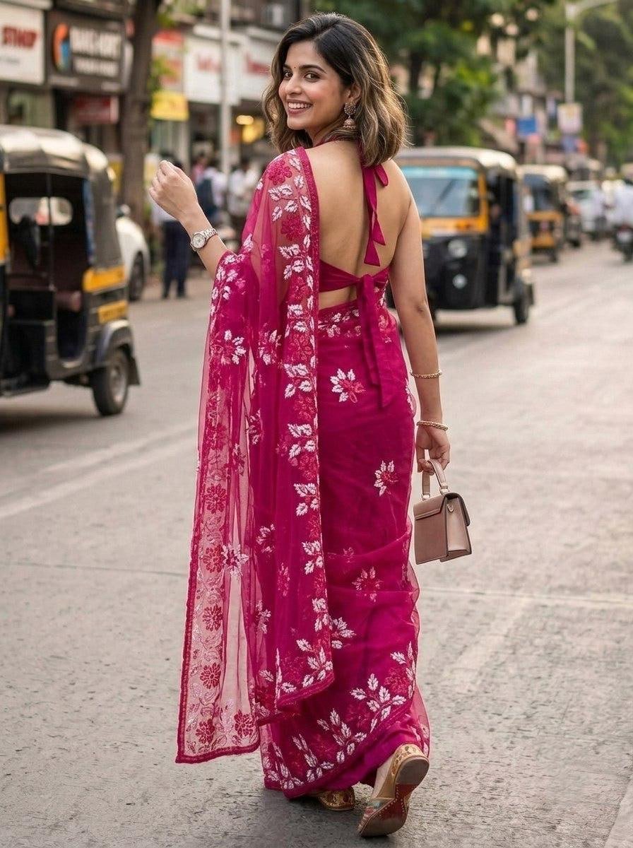 Street-Style Ethnic Floral Printed Saree with Sheer Pallu and Contemporary Designer Blouse - Surat Wholesale Ethnic Wear (Photo 4)