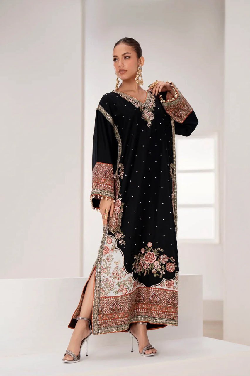 Embroidered Kaftan Kurta Set with Intricate Floral Borders and Shell Detail Cuffs
