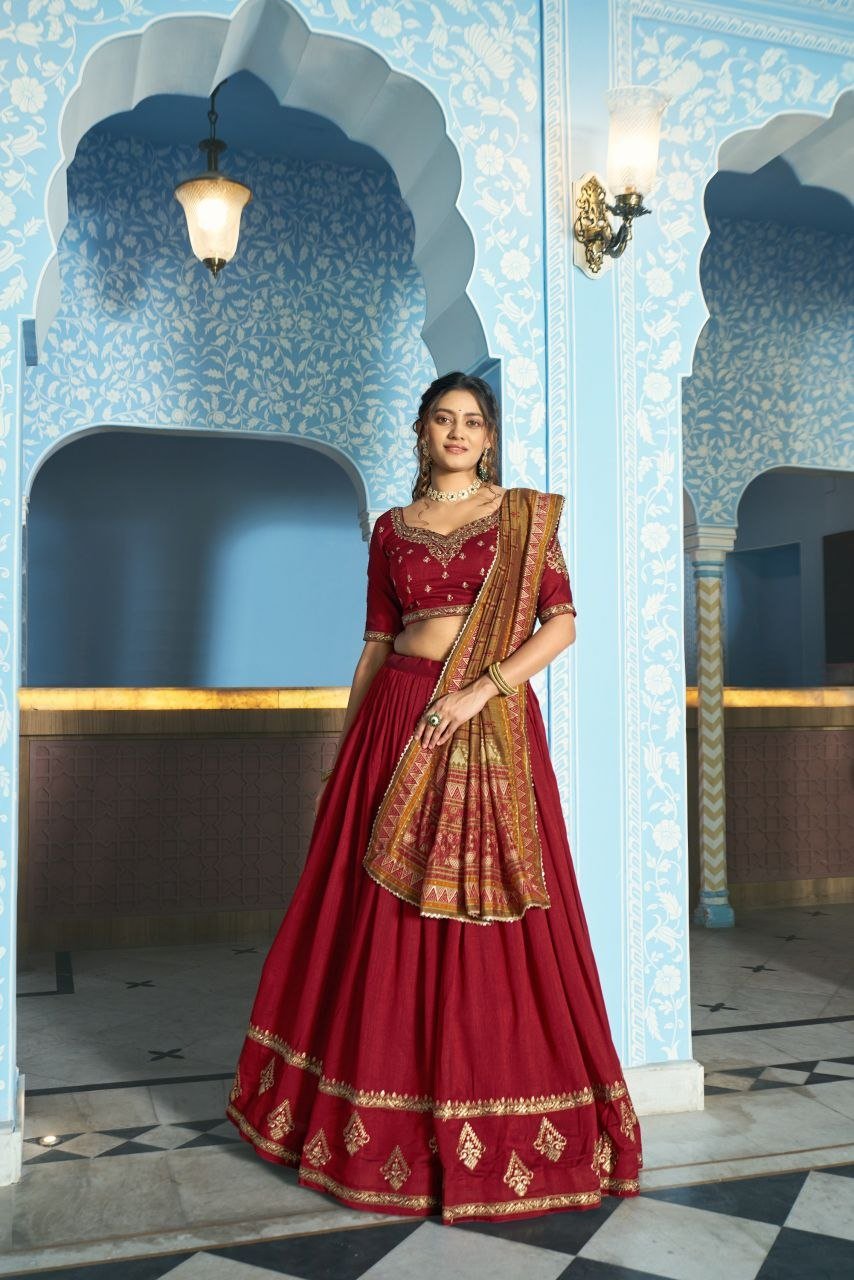 Embroidered Flared Silk Lehenga Set with Printed Dupatta - Surat Wholesale Ethnic Wear (Photo 4)